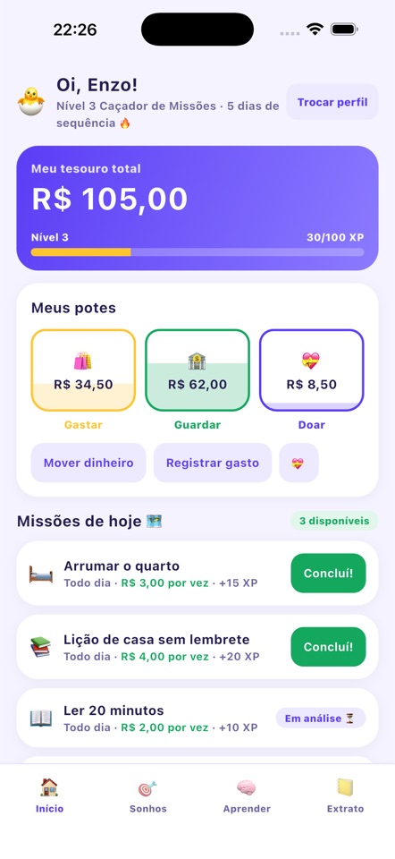 Tela inicial da criança