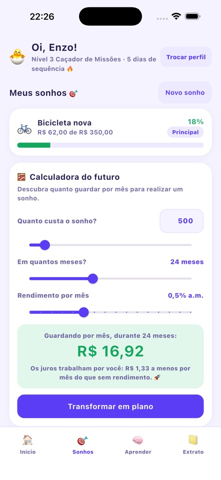 Tela de sonhos com calculadora
